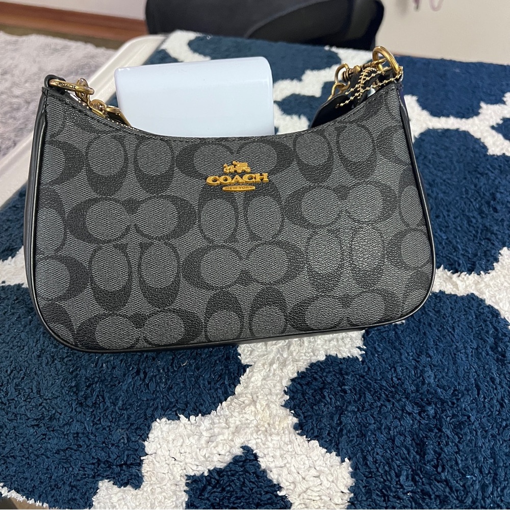 Coach Gray/Black Signature Crescent Shoulder Bag with Gold Hardware
